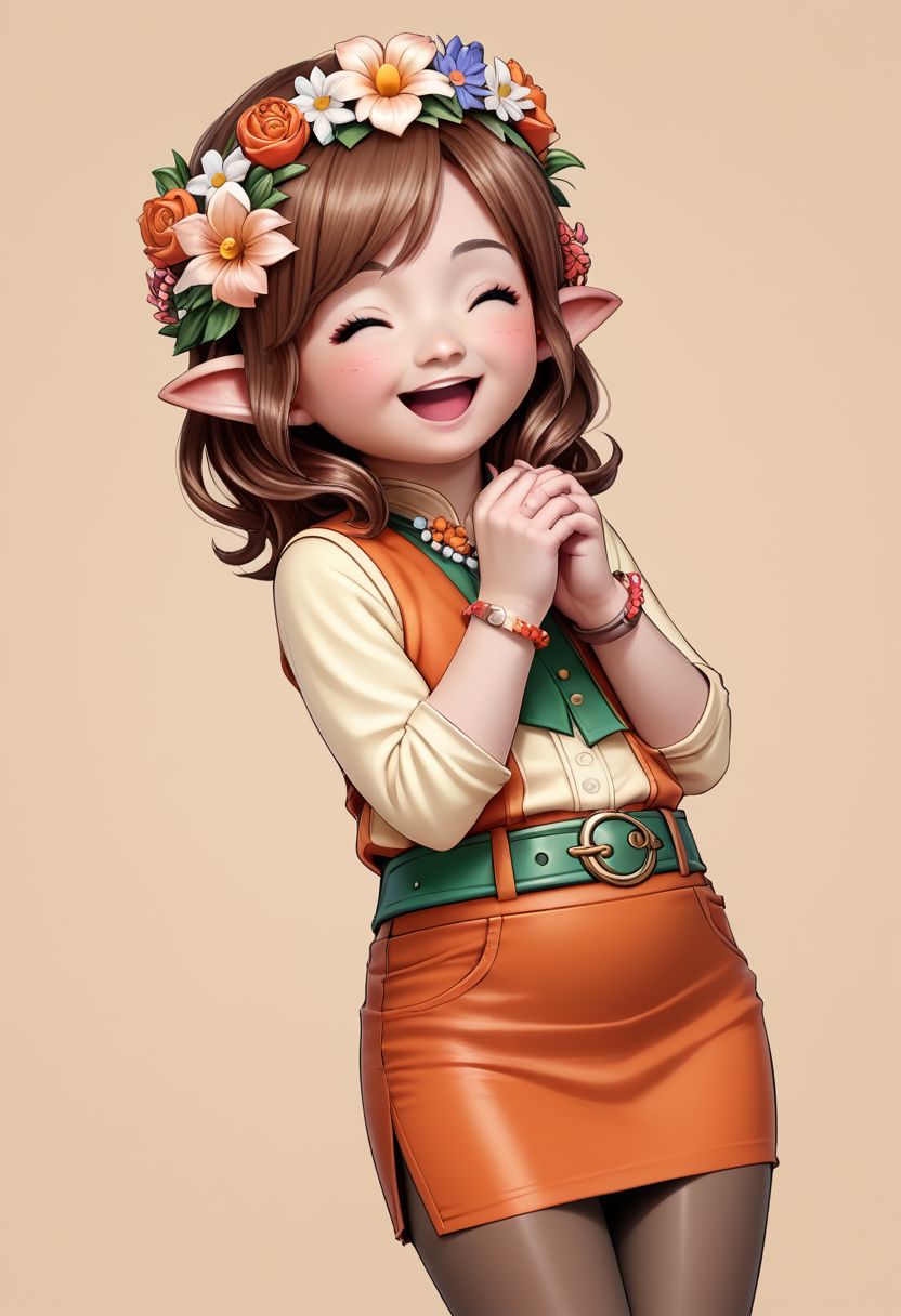lalatater, lalafell, 1girl, solo, pointy ears, closed eyes, flower, brown hair, smile, skirt, hair flower, open mouth, hair ornament, pantyhose, head wreath, jewelry, ^ ^, pencil skirt, belt, miniskirt, simple background, chibi, puntable BREAK PonyXLV6_Scores