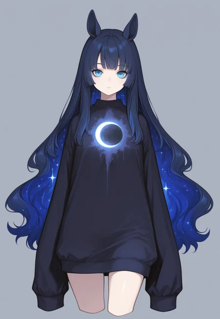 masterpiece, painting \(medium\), best quality, absurdres, newest, very aesthetic, amazing quality, highres,
BREAK, 
1girl, solo, nightmare moon, personification, dark blue hair, long hair, starry hair, multicolored hair, blue eyes, blue eyeshadow, horse ears, looking at viewer,  simple background, cropped legs, sleeves past fingers, (goth:0.5),
BREAK,
 kemonomimi mode, HR-Illu