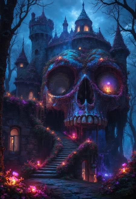 An abandoned Castle shaped like a Giant skull, with tower like ears overgrown with vines, completely covered in hanging vines, each thread tips illuminated like fiber optic wires, glowing colorful flowers, surreal, vibrant glow