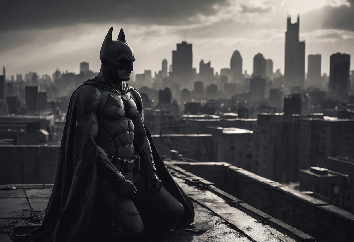 A cinematic photograph capturing the iconic silhouette of Batman perched atop a Gotham City rooftop, inspired by the dark and atmospheric style of Christopher Nolan's Batman films. Moody lighting, brooding shadows, billowing cape, stoic pose, vigilant gaze, urban skyline, gritty textures, monochromatic palette, dramatic angles, intense atmosphere, mysterious ambiance, symbolic presence, masked identity, urban legend, timeless heroism, dynamic composition, gritty realism.
