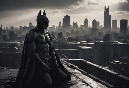 A cinematic photograph capturing the iconic silhouette of Batman perched atop a Gotham City rooftop, inspired by the dark and atmospheric style of Christopher Nolan's Batman films. Moody lighting, brooding shadows, billowing cape, stoic pose, vigilant gaze, urban skyline, gritty textures, monochromatic palette, dramatic angles, intense atmosphere, mysterious ambiance, symbolic presence, masked identity, urban legend, timeless heroism, dynamic composition, gritty realism.