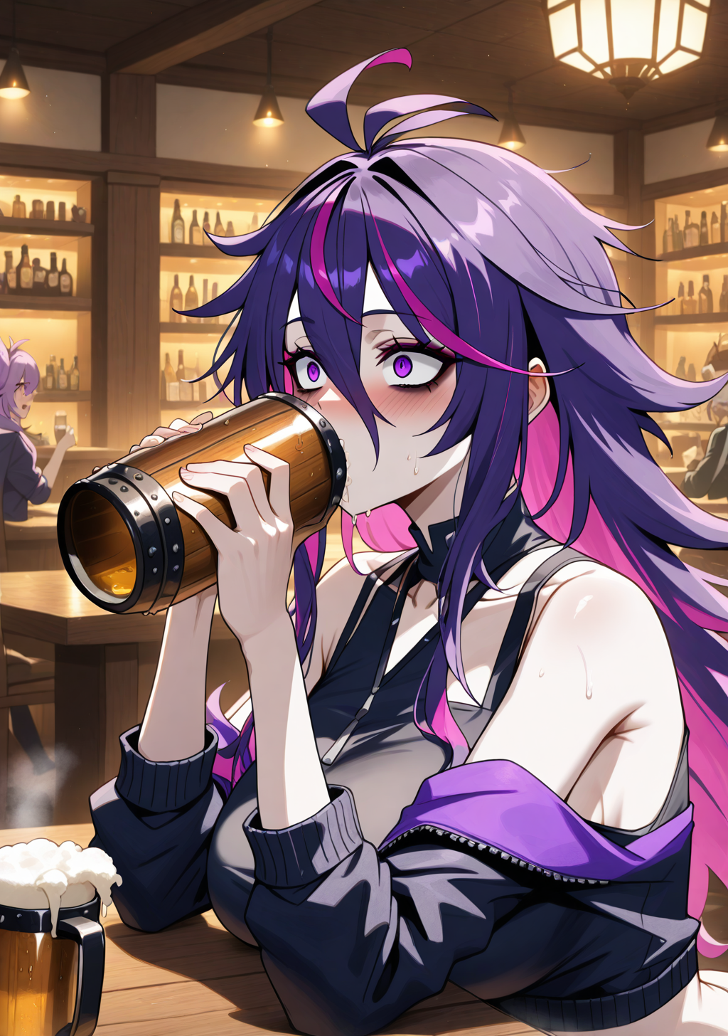masterpiece, best quality, absurdres, perfect lighting,shiny skin,<lora:StS-Illustrious-Detail-Slider-v1.0:3>,<lora:illustrious_noobai_epsilon_pred_1_best_quality_v1:1>,1girl,large breasts,sh_ash,long hair, hair between eyes,dark_purple hair,pink hair,multicolored hair,messy hair,purple eyes,bags under eyes,pale skin,<lora:ash:1>,black jacket,crop top,open jacket,bare shoulders,solo, 
BREAK sweat,blush,crazy eyes, constricted pupils, drinking glass, beer mug,holding_beer, pub,table,drinking,alcohol, looking_up,drunk,food, steam,upper body,