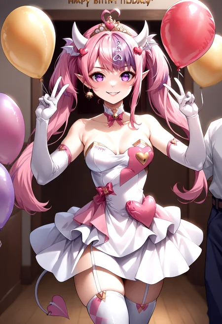 score_9, score_8_up, score_7_up, source_anime, 1girl, indoors, seductive smile, cowboy shot, <lora:Ironmouse_XLPD:1>, IronmouseBirthD, purple eyes, demon horns, demon girl, demon tail, demon wings, pointy ears, heart ahoge, long hair, bangs, heart hair ornament, twintails, white gloves, white dress, choker, bell, elbow gloves, tiara, thighhighs, happy birthday, birthday, birthday cake, balloon, v,