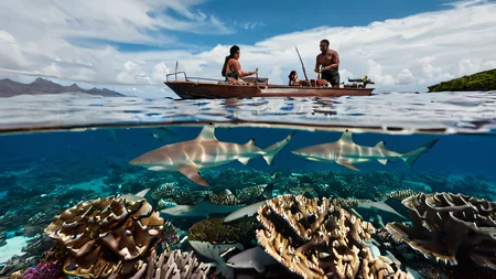 a couple of people on a boat in a body of water with a group of sharks swimming over a coral reef in the foreground <lora:Splitshot:0.8>
