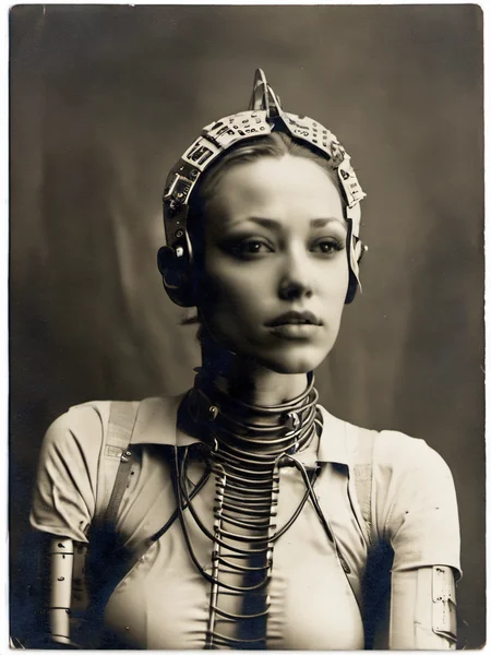 photograph of a sexy female cyborg <lora:rppc:1.1>