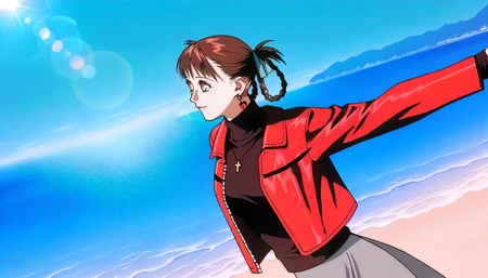 <lora:AKITE_SawaXLillustrious009>,
masterpiece,best quality,good quality,newest,
outdoors,detailed background,blue background,ocean,lens_flare,glitter,
smile,
solo,
AKITESawa,1girl,brown hair,hair ribbon,hair rings,red eyes,earrings,
breasts,
cross_necklace,
red leather jacket,turtleneck,black sweater,open jacket,
gray skirt,