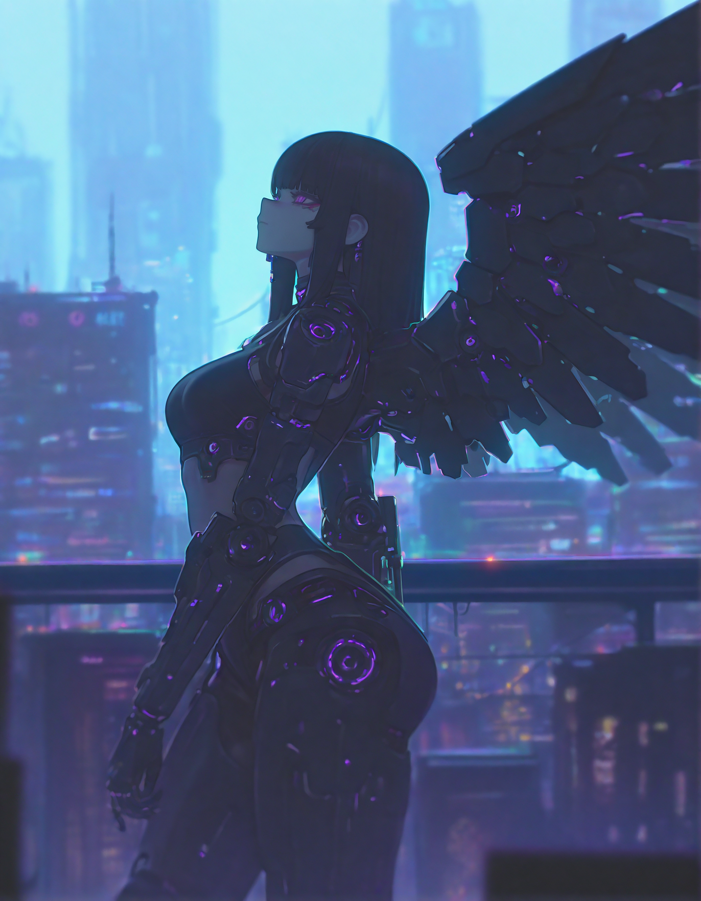 very awa,  <lora:XXX667:1.0>, xxx667_illu, [asura \(asurauser\)::0.8], [(bartolomeobari:1.2):0.65],  1girl, black hair, black wings, mechanical arms, mechanical legs, mechanical wings, medium breasts, android,  city, cyberpunk, blurry, depth of field,  masterpiece, [best quality:0.15], newest, absurdres, very aesthetic, best quality, year 2024, newest,