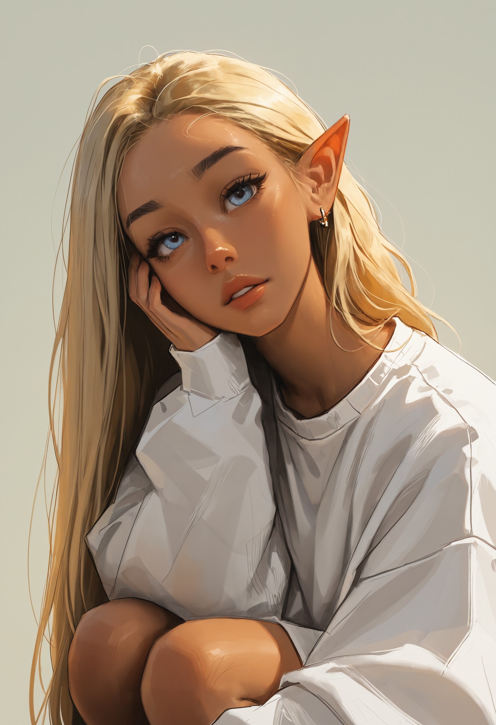 smgy2, 1girl, solo, pointy_ears, very_long_hair, forehead, hair_behind_ear, slicked_hair, straight_hair, blue_eyes, elf, jewelry, eyelashes, tanned skin, black_eyebrows, thick_eyebrows, earrings, blonde_hair, parted_lips, looking_at_viewer, long_sleeves, lips, simple_background, sleeves_past_wrists, sweater, white_sweatshirt, sitting, oversized_clothes, grey_background, hand_on_own_face, squatting, from_side, head_tilt, masterpiece, best quality, amazing quality, best resolution, incredibly absurdres, 4k, latest, , <lora:b0aac5e5-3a20-4884-83b0-1b95c70e6b79:0.9>