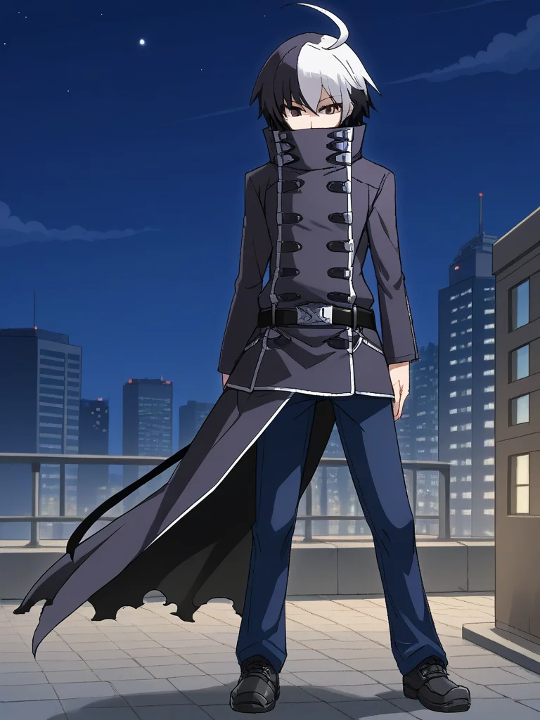 1boy, solo, sethuni, two-tone hair, multicolored hair, black hair, white hair, ahoge, black eyes, black coat, high collar, covered mouth, black belt, blue pants, black shoes, standing, outdoors, city, night, plaza, full body, expressionless