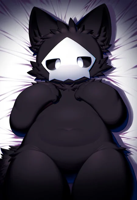 score_9, score_8_up, score_7_up, puro, black latex, furry, changed, white eyes, white mask, black fur, 1boy, solo, zuppu11 type 1, fgq, fkg, 1boy, cute, kemono, solo, lying on bed