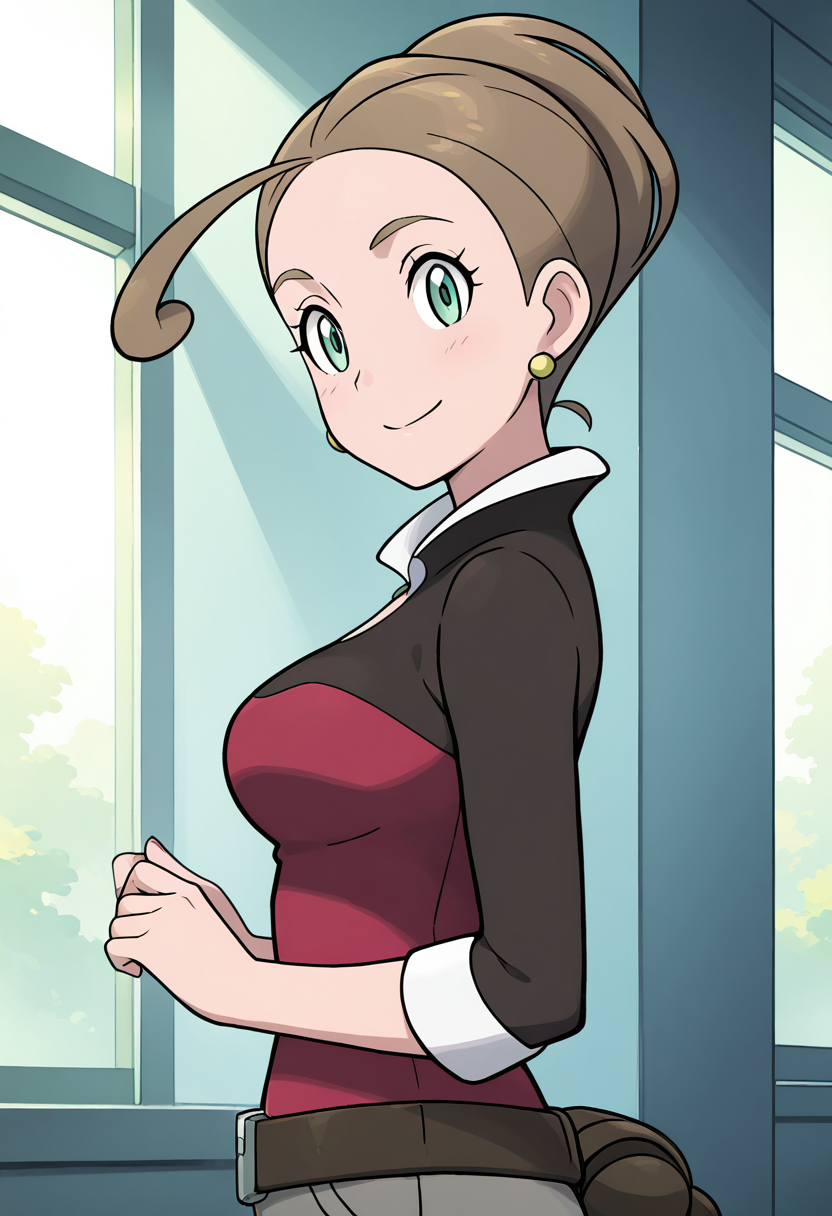 masterpiece, best quality, 1girl, solo, eyelashes, (beautiful eyes), shiny skin, looking at viewer, smile,  zzAlexa, green eyes, ahoge, brown hair, ponytail, short hair, earrings, shirt, belt, pants,     <lora:AlexaPokemon_IXL_v2:1.0>, upper body, side view, smile, looking at viewer, shiny skin,
