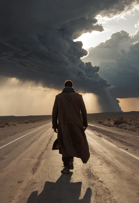 1man, desert wanderer in long coat and scarf, walking along cracked road beneath massive sky, rusted car wrecks on horizon, dust swirling, shotgun slung across shoulder, apocalyptic solitude