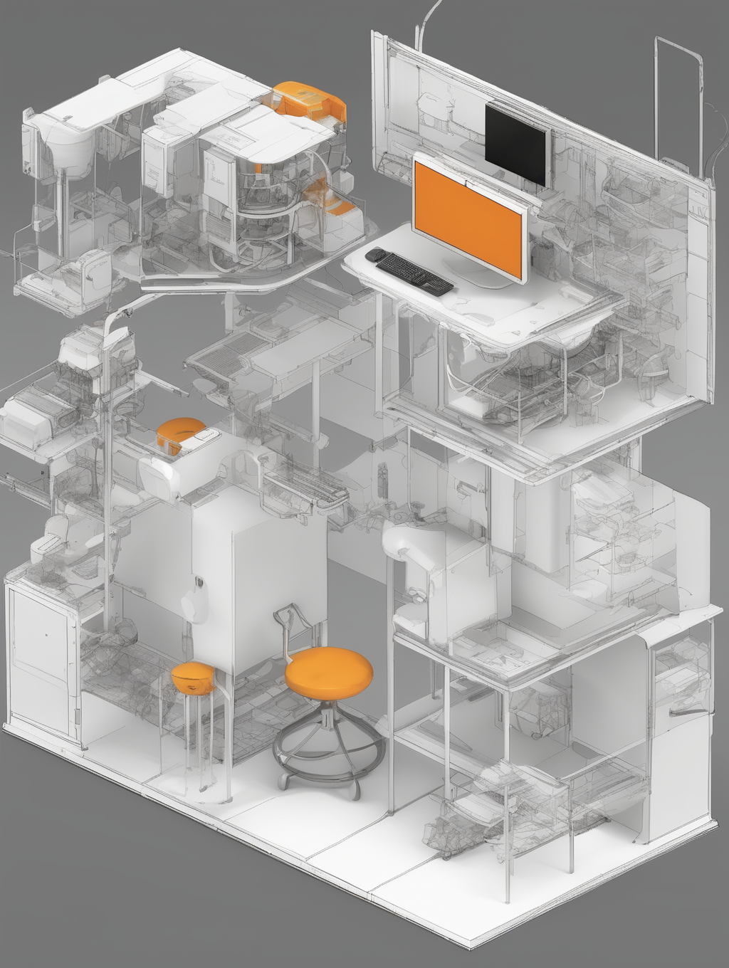 <lora:Isometric Cutaway:1>Isometric Cutaway - Create a detailed schematic illustrating a labor extraction apparatus in the modern late capitalism era. Focus on the intricate mechanisms and processes involved, showcasing how the apparatus incorporates and supports a human occupant in their work, play, bathroom breaks, eating, and recycling for a continuous work cycle. Depict the central chamber of the apparatus, designed to accommodate the human occupant. Show the ergonomic chair and support systems that ensure comfort and stability during extended periods of work. Highlight the integration of interfaces and control panels within the immediate reach of the occupant for seamless interaction with the apparatus. Illustrate the surrounding infrastructure that enables work and play. Showcase the workstations with advanced technology interfaces and tools for productivity. Capture the entertainment modules, such as screens and virtual reality devices, providing recreational activities during breaks. Emphasize the symbiotic relationship between work and play within the system. Show the waste management and recycling components within the apparatus, showcasing how waste materials are collected, processed, and recycled to support sustainable practices. Highlight the closed-loop system that minimizes environmental impact and maximizes resource utilization. Depict the sustenance delivery system, illustrating how the occupant is provided with nourishment and hydration. Showcase the integration of food and drink dispensers, ensuring a continuous supply of sustenance to sustain the occupant's energy levels. Incorporate visual cues that reflect the aesthetics of late capitalism, such as sleek and minimalist design elements, corporate branding, and symbolic representations of economic interconnectedness. Additionally, emphasize the mechanistic nature of the apparatus, highlighting its role as a labor extraction bubble.
