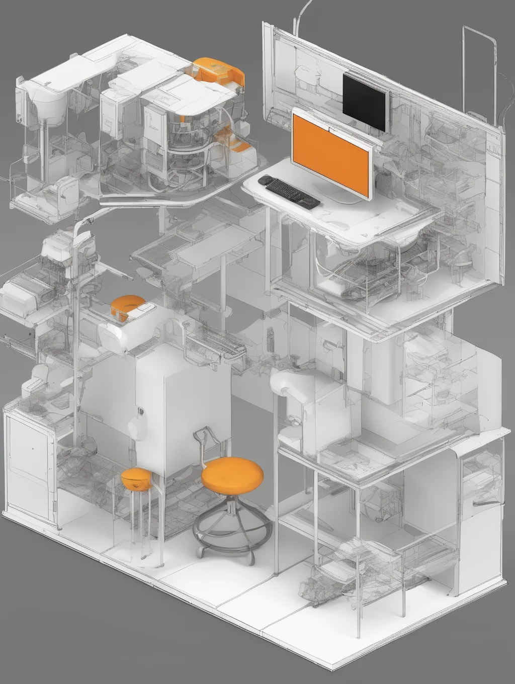<lora:Isometric Cutaway:1>Isometric Cutaway - Create a detailed schematic illustrating a labor extraction apparatus in the modern late capitalism era. Focus on the intricate mechanisms and processes involved, showcasing how the apparatus incorporates and supports a human occupant in their work, play, bathroom breaks, eating, and recycling for a continuous work cycle. Depict the central chamber of the apparatus, designed to accommodate the human occupant. Show the ergonomic chair and support systems that ensure comfort and stability during extended periods of work. Highlight the integration of interfaces and control panels within the immediate reach of the occupant for seamless interaction with the apparatus. Illustrate the surrounding infrastructure that enables work and play. Showcase the workstations with advanced technology interfaces and tools for productivity. Capture the entertainment modules, such as screens and virtual reality devices, providing recreational activities during breaks. Emphasize the symbiotic relationship between work and play within the system. Show the waste management and recycling components within the apparatus, showcasing how waste materials are collected, processed, and recycled to support sustainable practices. Highlight the closed-loop system that minimizes environmental impact and maximizes resource utilization. Depict the sustenance delivery system, illustrating how the occupant is provided with nourishment and hydration. Showcase the integration of food and drink dispensers, ensuring a continuous supply of sustenance to sustain the occupant's energy levels. Incorporate visual cues that reflect the aesthetics of late capitalism, such as sleek and minimalist design elements, corporate branding, and symbolic representations of economic interconnectedness. Additionally, emphasize the mechanistic nature of the apparatus, highlighting its role as a labor extraction bubble.