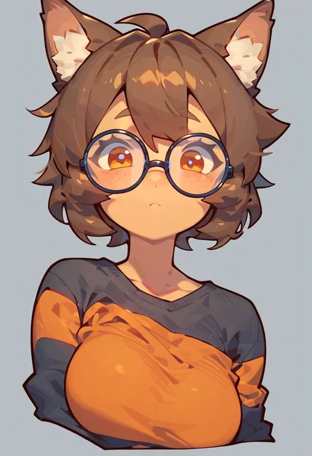 score_9, score_8_up, score_7_up,style:abmayo , solo, 1girl, cute, perfect large breast, light orange skin, circle glasses, animal ears, brown hair, short hair, slight freckles, amber eyes, casual clothes