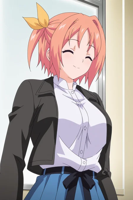 anime screencap, anime coloring, detailed face, perfect fingers, masterpiece, best quality, very aesthetic, absurdres, uncensored,
inside,
 <lora:Rei_Suzukawa_Otona_Mitsuki_Kururu_Hiiragi_Sayaka_Midou_Mankitsu_Happening:1>
Kururu black blazer with white button up shirt and blue pleated skirt outfit, Kururu Hiiragi (character), 1girl, solo, closed eyes, orange hair, short hair, shirt, white shirt, formal, smile, breasts, suit, anime coloring, upper body, closed mouth, black jacket, blue skirt, belt