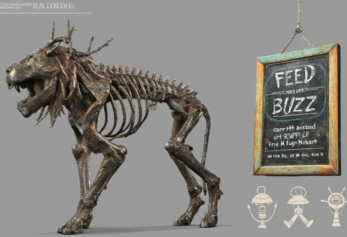 a sign board says "FEED BUZZ".
a lion skeleton Bronze statue by S410CHURYO.