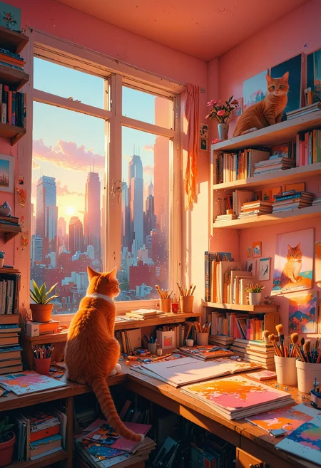 a lo-fi pixel art scene of an artist's studio with large windows overlooking the city, bathed in warm pink and orange hues during sunset. The room is filled with various painting supplies and canvases on shelves, while a cat sits at their desk in the center surrounded by books and sketches, adding to the cozy atmosphere. In the background, you can see tall buildings outside, adding depth to the scene. 
<lora:DonM3t3rn1tyXL-v1.1:0.7>, DonM3t3rn1tyXL,
OverallDetailXL  <lora:MJ52:0.3>  <lora:SDXLFaeTastic2400:0.4>  <lora:EpicF4nta5yXL:0.7>