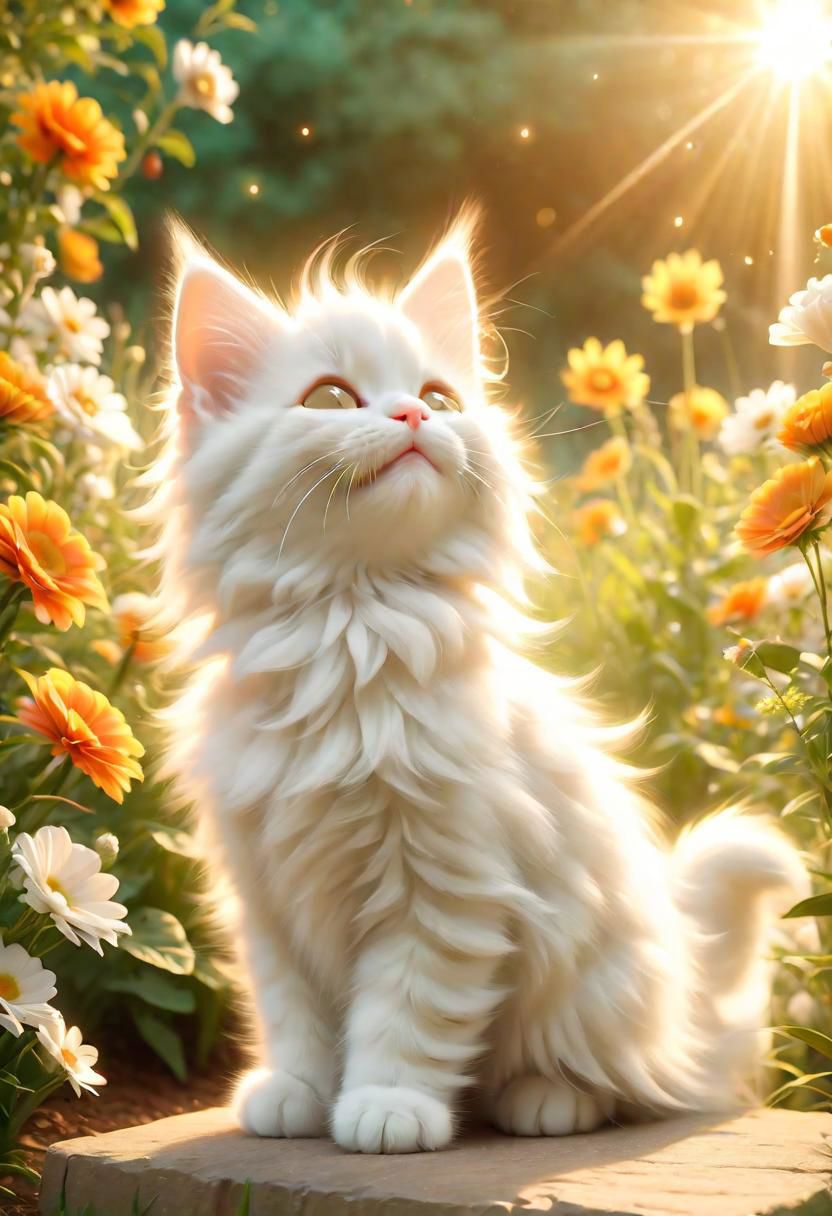 ral-fluff,<lora:ral-fluff:1>,
masterpiece, best quality, original, official art, little white and black maincoon baby cat, side view,  full body, flower, blurred background, cartoon rendering, beautiful detailed glow, beautiful detailed sun, sunny, flower, happy, big grin,
