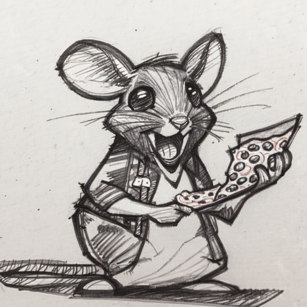 drawix21 rat eating pizza, black ink<lora:drawix21:1>