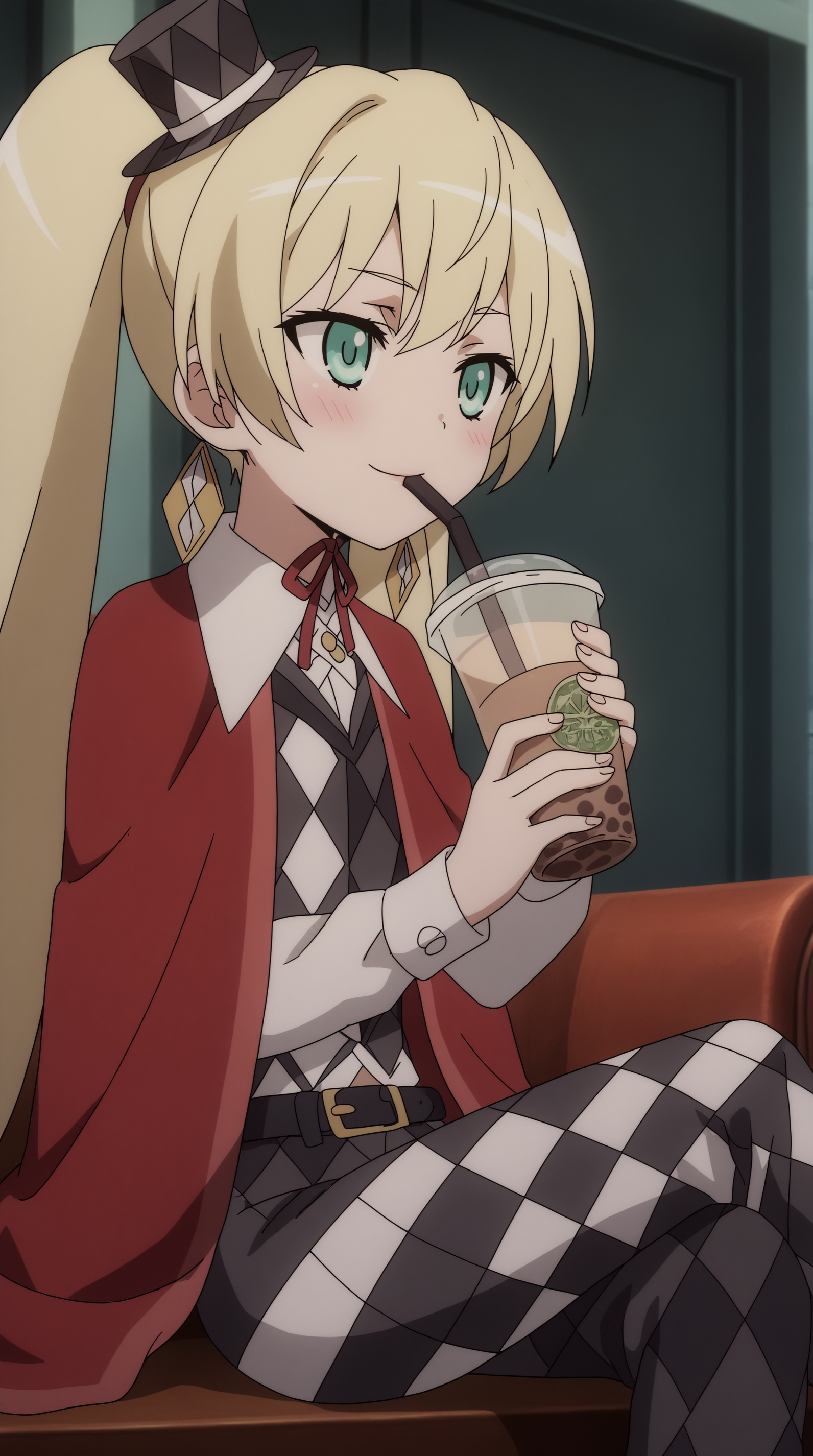 score_9, score_8_up, score_7_up,anime_source, source_anime, best background, detailed background, anime screencap, 4k, upscaled,  Ladylee Tangleroad, Main Outfit, sitting, drinking, bubble tea, happy, blush,  <lora:JN_Ladylee_Tangleroad_Pony:0.8>