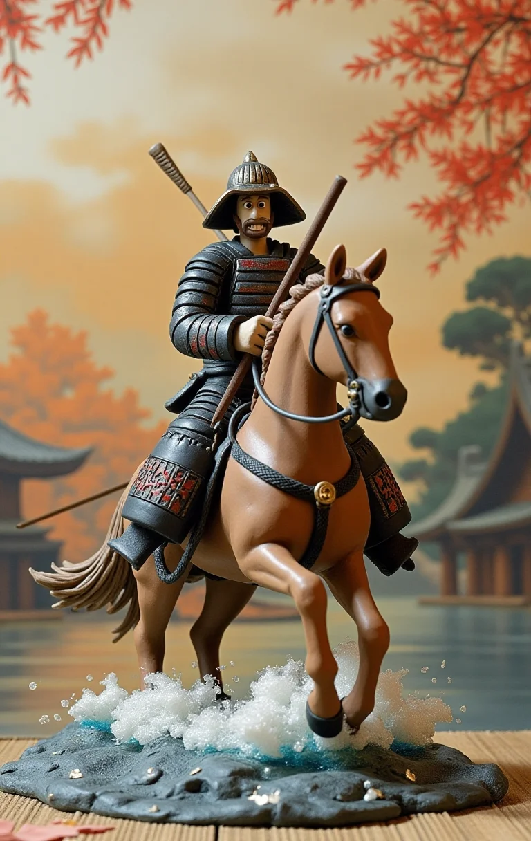 made of clay, claymation
Japanse art, ships and samurai on horses going to war