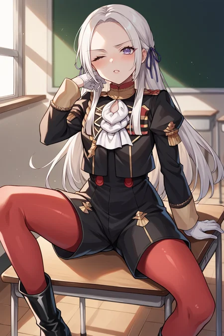 score_9, score_8_up, score_7_up, score_6_up, source_anime, BREAK 1girl, <lora:edelgard-pdxl-nvwls-v1:1> defEdel, hair ribbon, long hair, black jacket, white ascot, black shorts, red pantyhose, white gloves, black boots, spread legs, sitting, parted lips, blush, furrowed brow, wincing, classroom, desk, looking at you