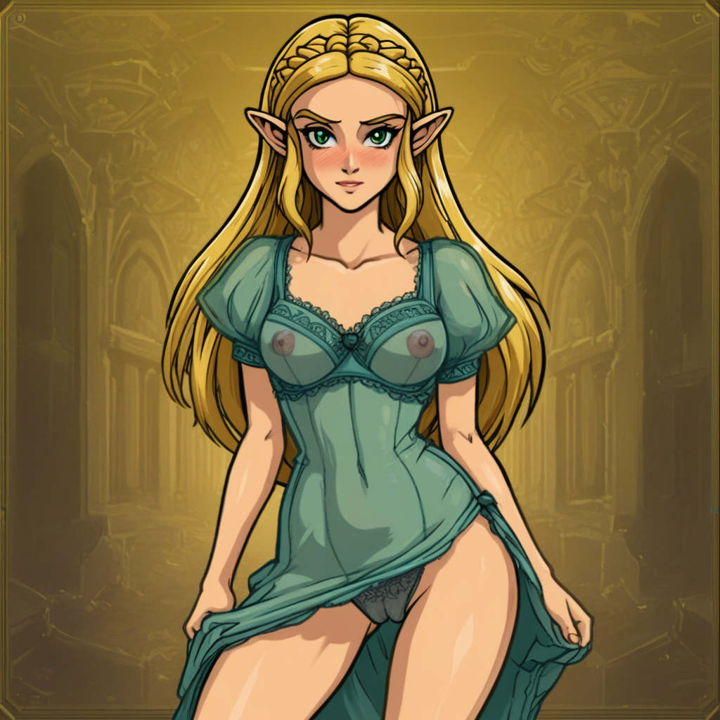 source_hentai, score_9, score_7_up, (4k4bur5tyl3), retro_artstyle, science_fiction, BREAK, Princess Zelda, long hair, (blonde hair), green eyes, perfect eyes, eyelashes, blonde eyebrows, blush, looking at viewer, rating_explicit, 1girl, solo, mole under eye, mole on thigh, dress, see-through, lingerie, covered nipples, cameltoe, detailed background,
