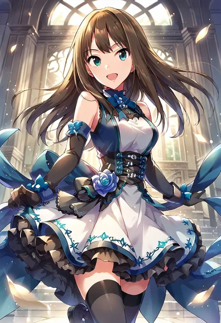 score_9, score_8_up, score_7_up, source_anime,shibuya rin, long hair, brown hair, green eyes, 1girl, solo, gloves, thighhighs, open mouth, elbow gloves, smile, dress, looking at viewer