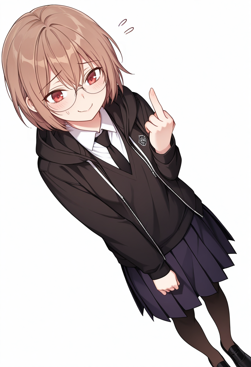 Smooth Quality,masterpiece,very intricate, high quality details, ultra realistic, high detailed skin,detailed enviorement,absurdres,
nervous, nervous smile, middle finger,
 <lora:Young-Joo_CNR:0.8> young_joo_cnr, 1girl, brown hair, short hair, red eyes, glasses, young_juniform_cnr, school uniform, black jacket, white shirt, collared shirt, black necktie,hoodie, pleated skirt,black pantyhose, black footwear,, simple background, white background, dutch angle,solo,