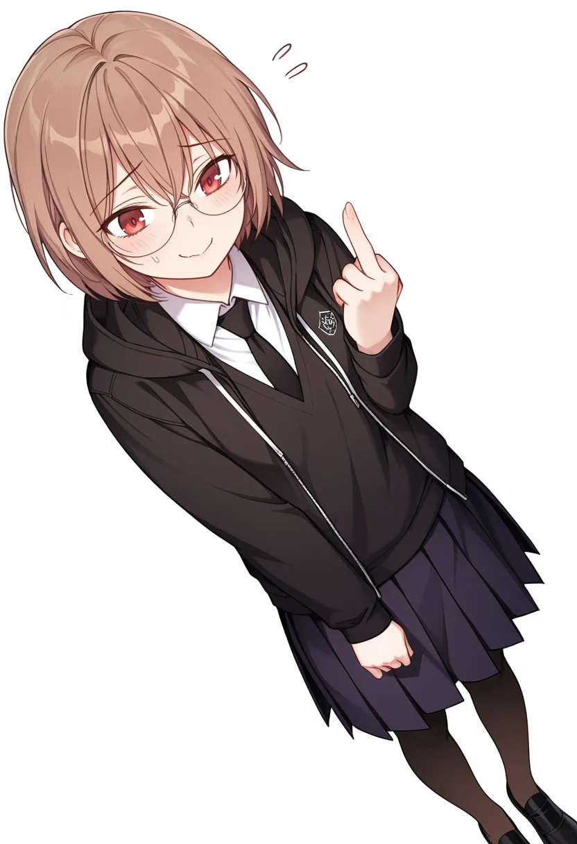 Smooth Quality,masterpiece,very intricate, high quality details, ultra realistic, high detailed skin,detailed enviorement,absurdres,
nervous, nervous smile, middle finger,
<lora:Young-Joo_CNR:0.8> young_joo_cnr, 1girl, brown hair, short hair, red eyes, glasses, young_juniform_cnr, school uniform, black jacket, white shirt, collared shirt, black necktie,hoodie, pleated skirt,black pantyhose, black footwear,, simple background, white background, dutch angle,solo,