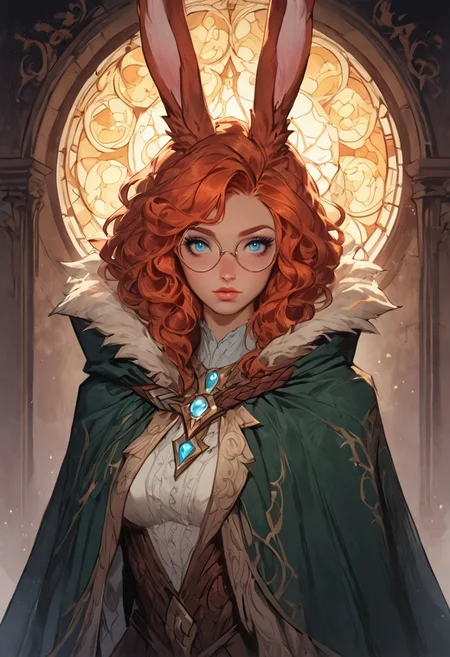 Stable_Yogis_PDXL_Positives, (score_9, score_8_up, score_7_up), ((face focus, eye focus, dynamic angle, motion)), 1girl, solo, fantasy, Tarot Card Style, aurora (league of legends), (blue eyes, rabbit ears, rabbit tail, round eyewear, green cloak, fur trim), sexy witch costume, witch hat, lace, cape, breathless intimacy, tanned skin, petite model bombshell, heart, young, delicate features, narrow pointy nose, tiny nose, lust, big eyes, seductive eyes, blue eyes, detailed skin, flared lashes, mascara, makeup, perky medium breasts, athletic body, narrow waist, skinny hips,
warm light, detailed, neon dark party
 BREAK
milky way, runes, arcane, astral, surreal, ethereal glow, masterpiece, best quality, intricate design. colorful, moonlit nightsky, stained glass aesthetic, moody whimsical color palette, murano glass, bold soldering lines, volumetric light shining through, crepuscular rays, intricate craftsmanship, detailed texture, luminous transparency, reflective light play, vivid hues, atmospheric depth, enchanting silhouette, art nouveau,