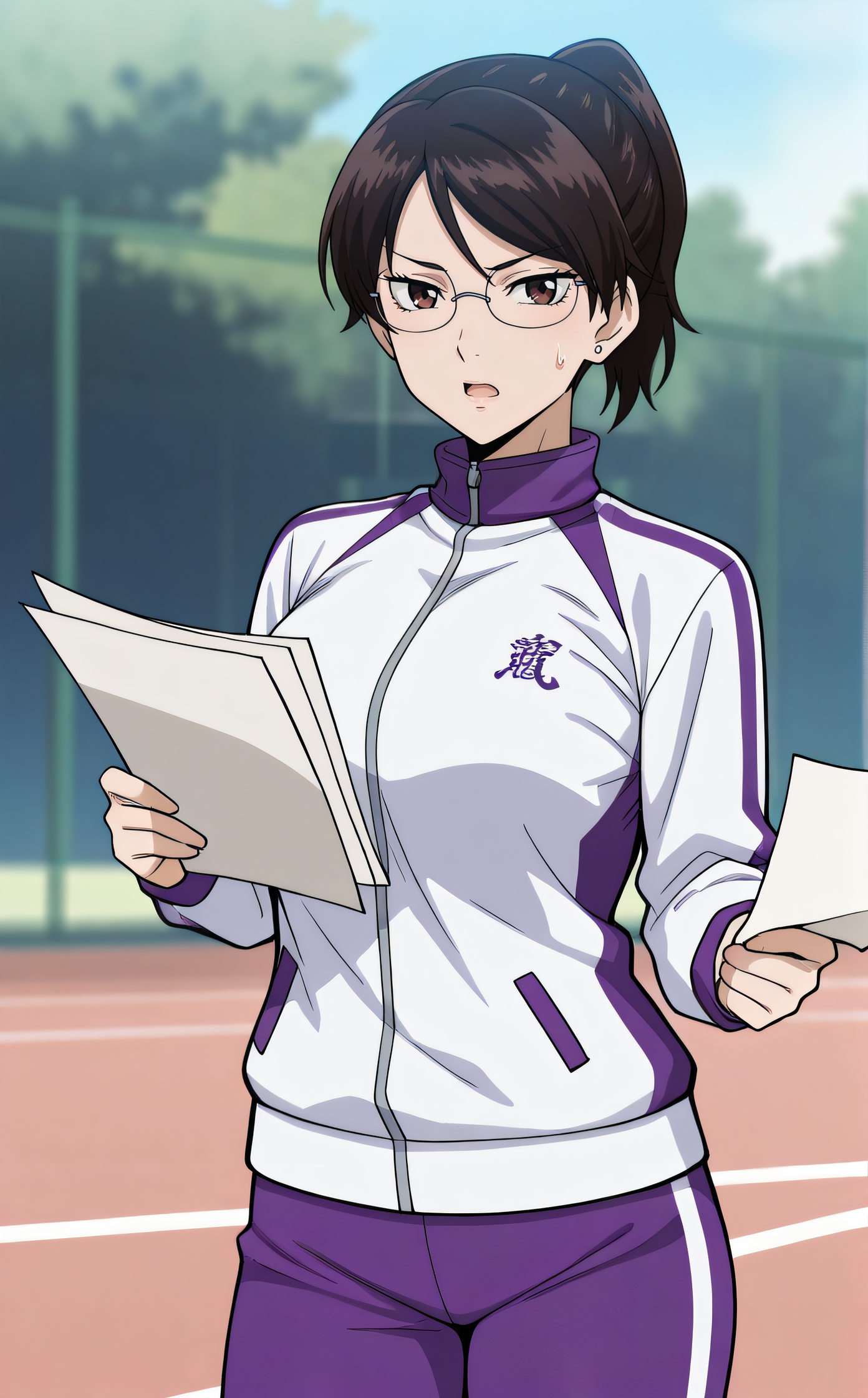 masterpiece, best quality, highres, newest, 1girl, solo, official style, <lora:Takashima_Rei:1>, takashimarei, glasses, white track jacket, purple track pants, standing, outdoor, looking at viewer, cowboy shot, sweatdrop, holding paper, open mouth
