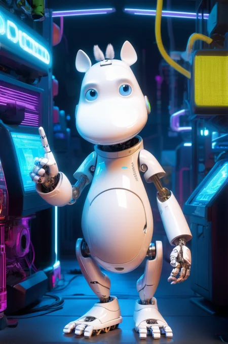 moomin, (((Cyberpunk))),robotic limbs, 1boy, pointing at viewer, rim lighting, intricate robotics, ray tracing, octane render
<lora:moominv12:1>
 <lora:Arm_cannon_10:0.7>