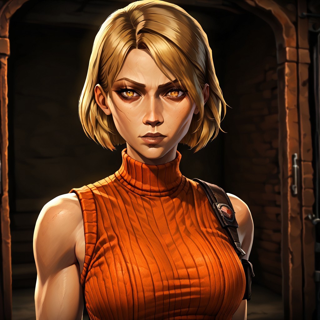 masterpiece, best quality, newest, absurdres, highres,  P3DV1.0, 1girl, ashley graham (resident evil), blonde, orange shirt, blonde hair, orange sweater, 
sleeveless, sleeveless sweater, sleeveless tutrleneck, turtleneck, short hair, curtained hair,