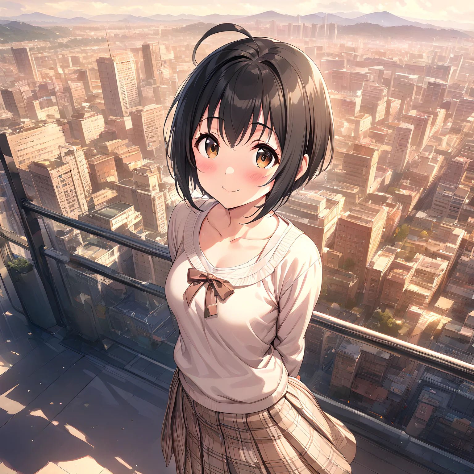 (masterpiece),(best quality),(ultra-detailed),(best illustration),(best shadow),(absurdres),(detailed background),(very aesthetic), miho kohinata, 1girl, solo, ahoge, black hair, smile, short hair, brown eyes, skirt, looking at viewer,city background, arms behind back, collarbone, bow, blush <lora:Miho_Kohinata:1>