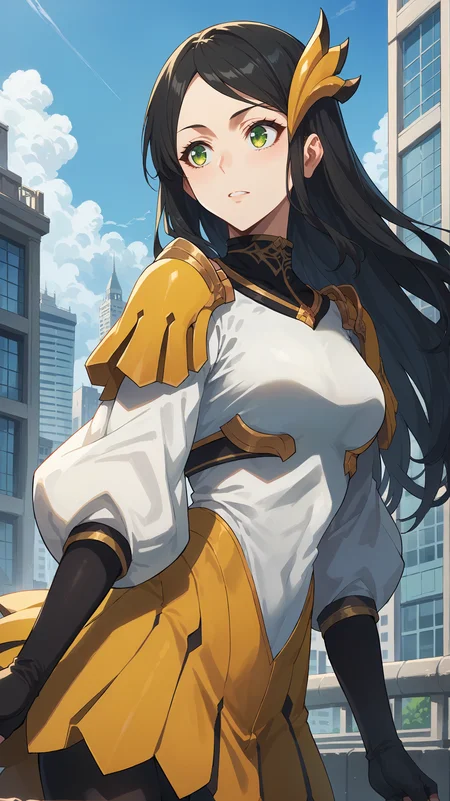 score_9,score_8_up,score_7_up,score_6_up, <lora:xl_more_art-full_v1:0.5>, source_anime, girl, dynamic pose, looking into the distance, <lora:Heejin Park - Pony-000004:0.9>, long hair, black hair, green eyes, yellow hair ornament, yellow shoulder pads, white shirt, white top, black collar, multicolored shirt, white sleeves, puffy sleeves, yellow skirt, black gloves, long gloves, fingerless gloves, black leggings, city, modern,