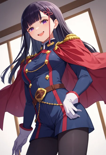 score_9, score_8_up, score_7_up, source_anime,
BREAK
1girl, solo,
<lora:shiRenYamishiroAnimeV1:1>, mangastyle,
long hair, black hair, purple eyes, blunt bangs,
military uniform, white gloves, red cape, belt, epaulettes,
black pantyhose,
looking at viewer, smile, open mouth,