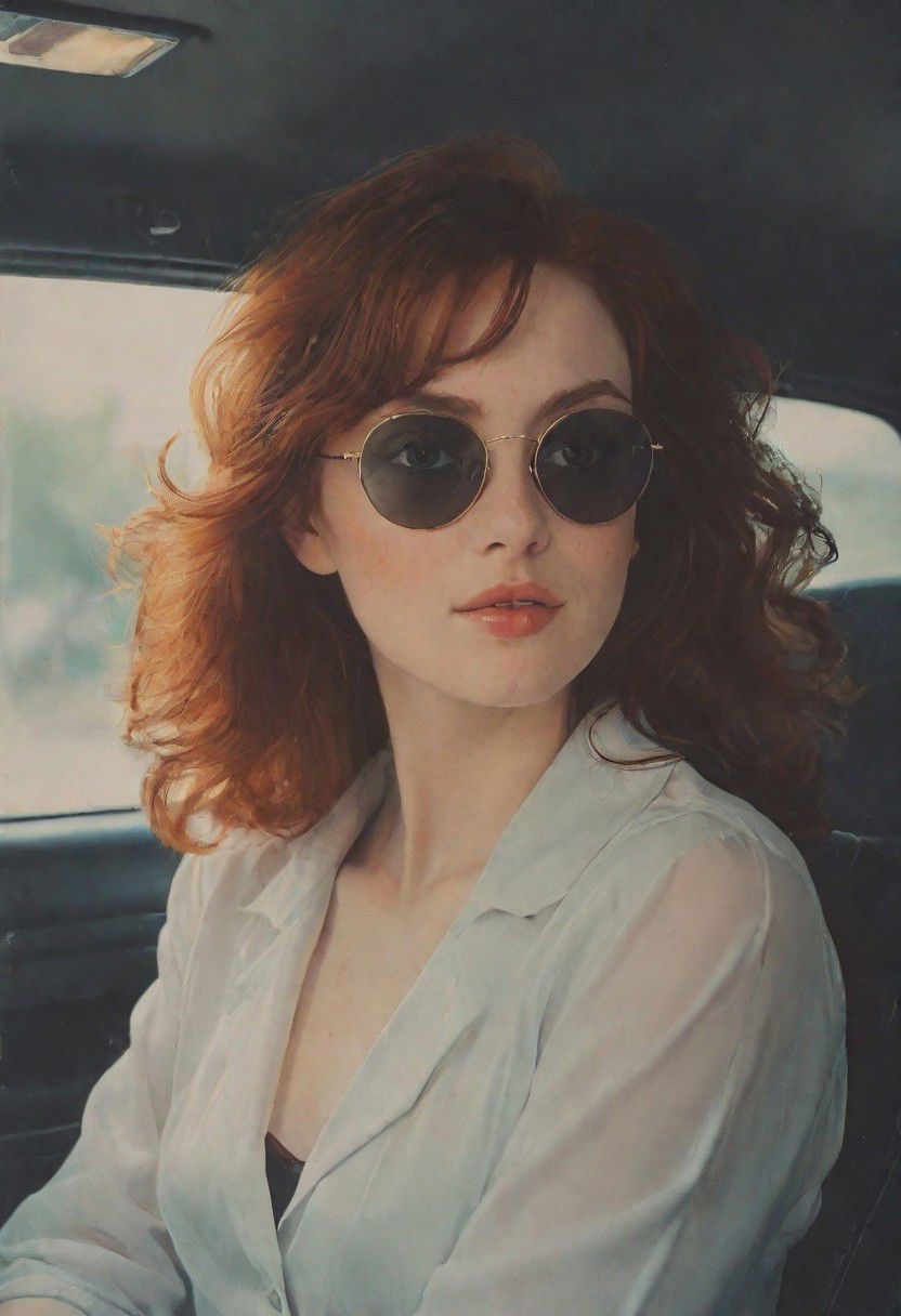 Muse and goddess of cinematic photo photo of a 30yo redhead smiling woman, driving in a convertibal car, long hair flutters in the wind, freckles, sunglasses, bright sunlight, <lora:JuggerCineXL2:1> . 35mm photograph, film, bokeh, professional, 4k, highly detailed, languid, otherworldly color ink drawing by Abigail larson, Egon Schiele, Bill Sienkiewicz, Moebius,black and white,