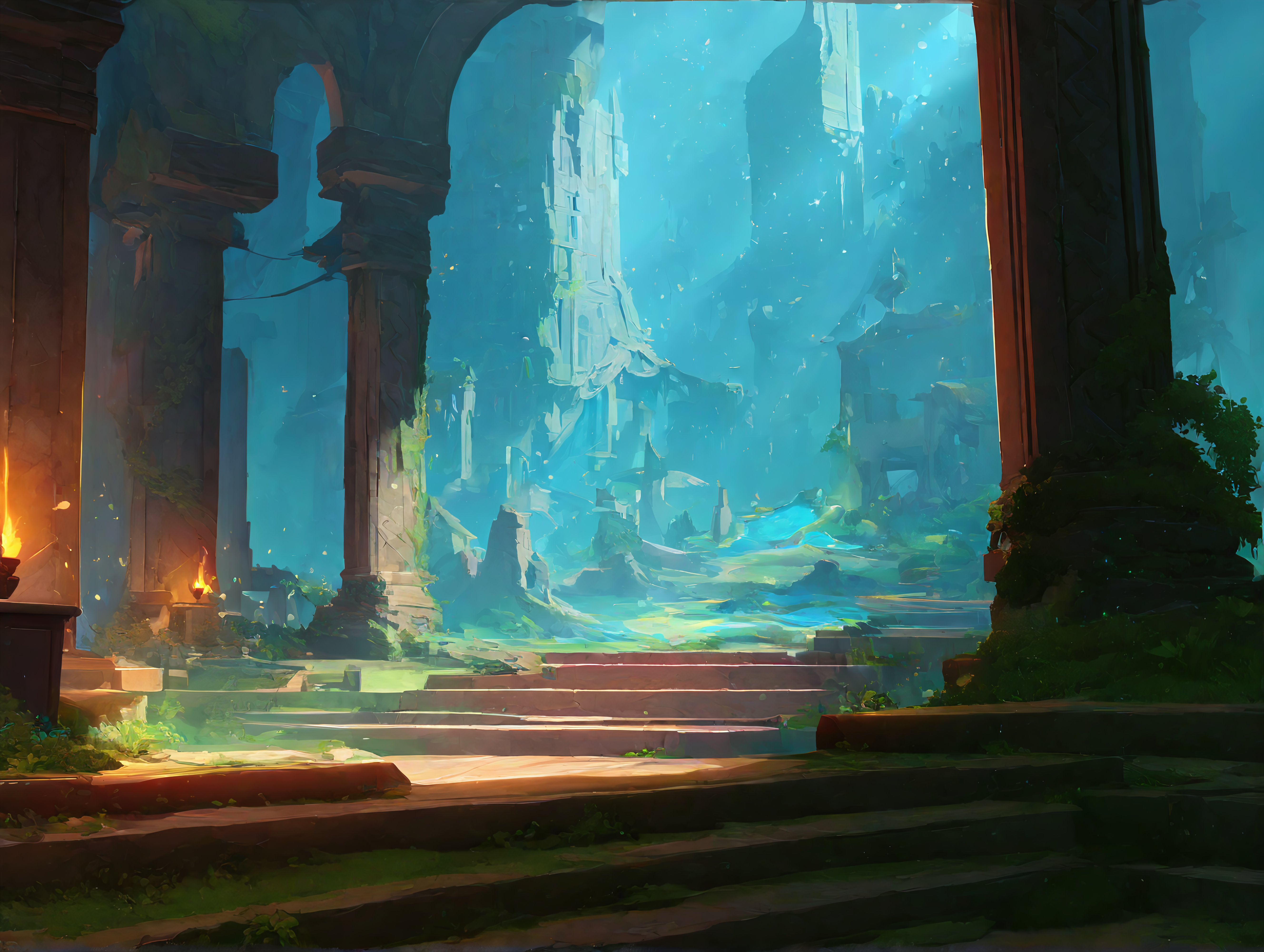 no humans, General, ririko \(fhnngririko\), dynamic angle, natlan, landscape, fantasy, scenery, ruins, pillar, column, plant, statue, stairs, indoors, light rays, moss, torch, arch, overgrown, masterpiece, best quality, absurdres, highres