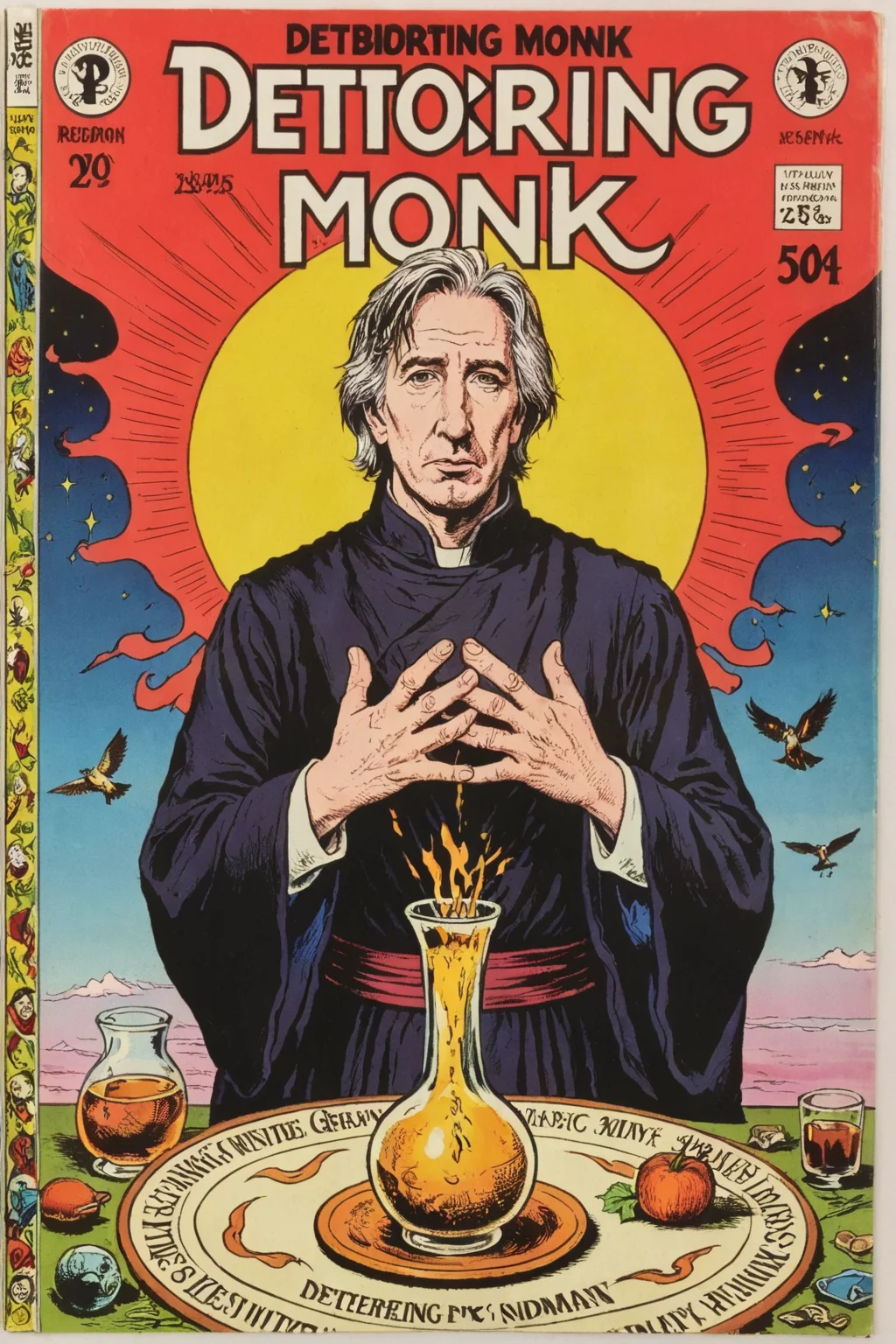 vintage comic book with the title text: "deteriorating Monk", featuring a whimsical breathtaking detailed illustration of deteriorating Monk Alan Rickman