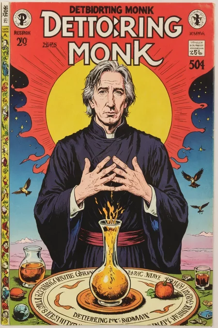vintage comic book with the title text: "deteriorating Monk", featuring a whimsical breathtaking detailed illustration of deteriorating Monk Alan Rickman