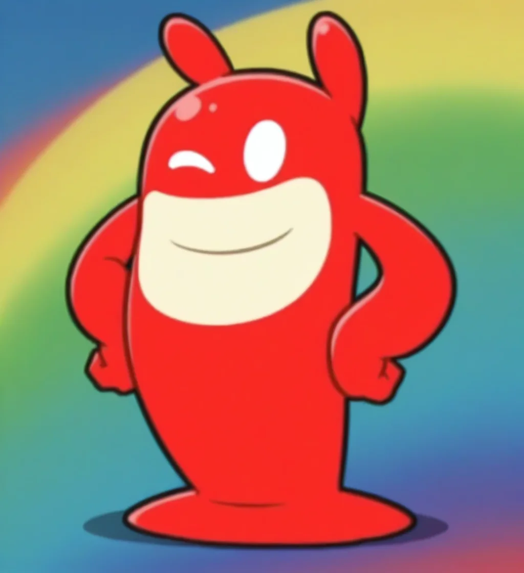 high resolution, best quality, 4k, flat colors, solo, male, front view, happy, eyes closed, full body, fists on hips, rainbow graffiti background, <lora:Blob_-_De_Blob:0.9> blobdeblob, goo creature, noseless, white eyes, no pupils, long ears, legless, 4 fingers, red body