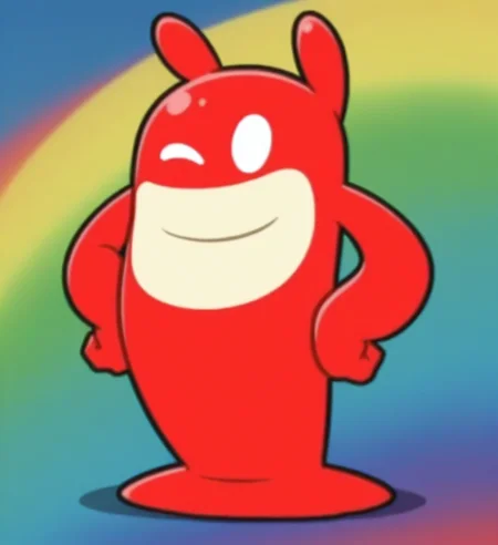 high resolution, best quality, 4k, flat colors, solo, male, front view, happy, eyes closed, full body, fists on hips, rainbow graffiti background, <lora:Blob_-_De_Blob:0.9> blobdeblob, goo creature, noseless, white eyes, no pupils, long ears, legless, 4 fingers, red body