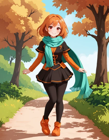 OneStepFromEdenStyle, 1girl, wide_hips, blush}, solo, outdoors, [mint] scarf, [Scarlet] eyes, [orange] hair, smile, full_body, high_fantasy, orange footwear
 <lora:OneStepFromEdenStyle_Illustrious:1>