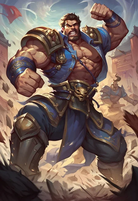 score_9, score_8_up, score_7_up, armored muscular male, sanguo, chinese champion, dianwei, thick brawny body, large pec, broad shoulders, standing majestically on battleground, ready to fight, brutal physical strength, tough guy,
