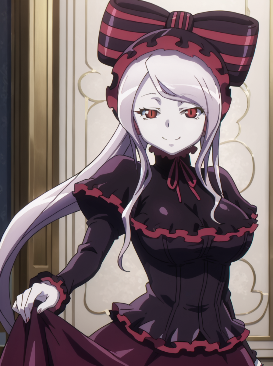 detailed background, shiny skin, posing, rating safe,
<lora:shalltear.pony:1>,
shalltear,
large breasts, 
cowboy shot, 
leaning, greeting, half-closed eyes, holding skirts, looking at viewer, smile,