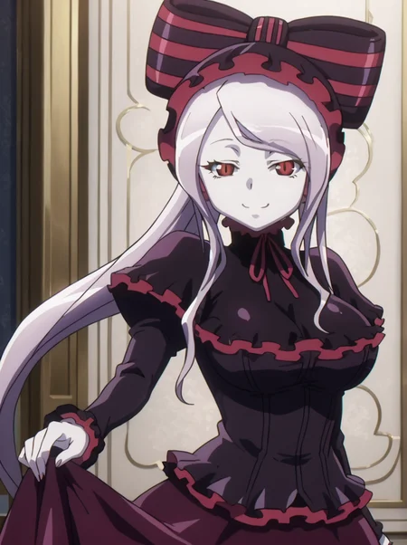 detailed background, shiny skin, posing, rating safe,
<lora:shalltear.pony:1>,
shalltear,
large breasts,
cowboy shot,
leaning, greeting, half-closed eyes, holding skirts, looking at viewer, smile,