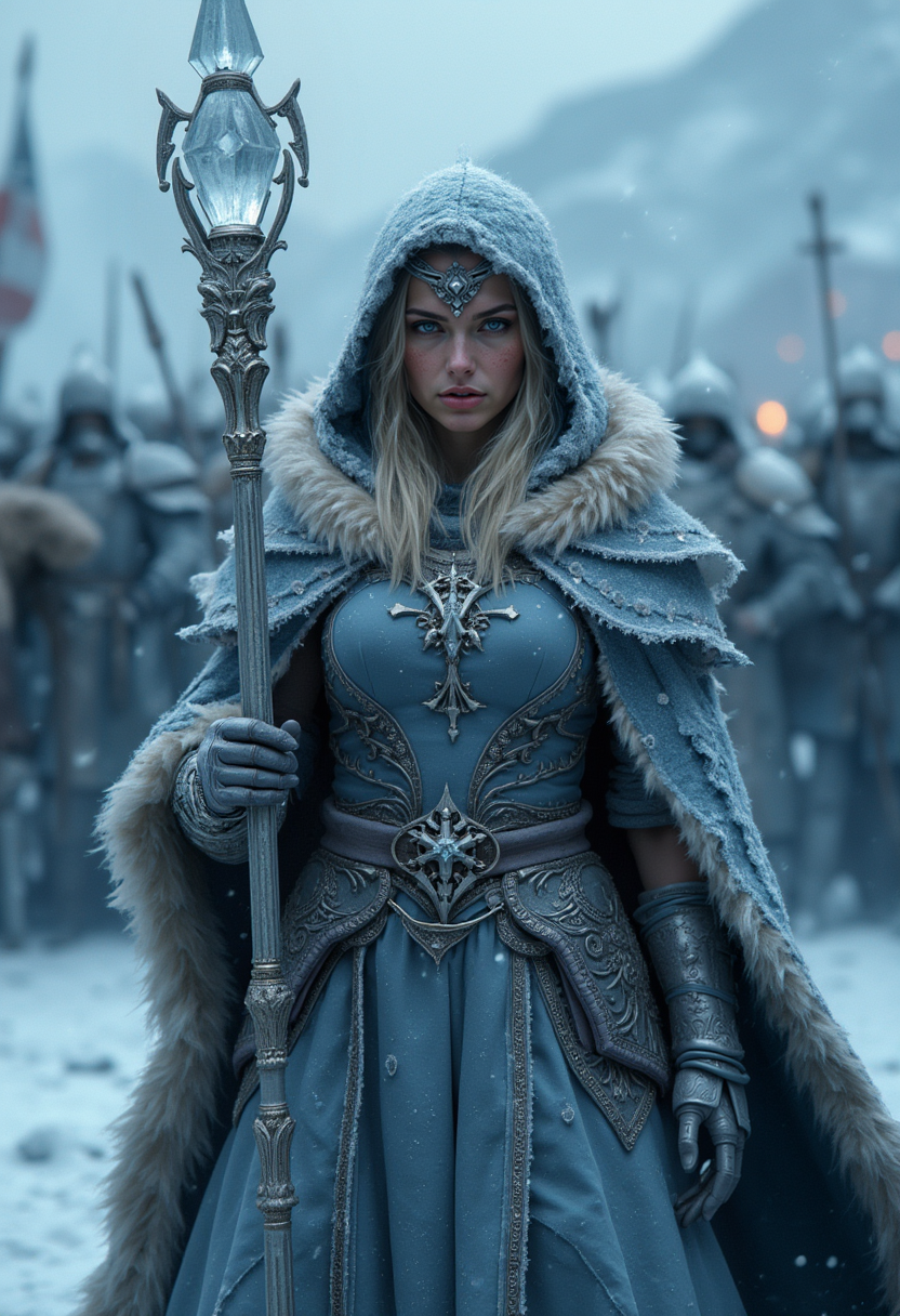 cinematic film still 22yo Woman portraying an Ice Witch from Kislev in Warhammer Fantasy Battles, wearing intricate frost-covered armor with fur-lined accents and an ornate blue and white cloak, gloves, holding an ice-encased staff topped with a glowing crystal, standing confidently in front of a massive Kislevite army. Hyper detailed captured from a front view with a fierce and determined expression, cold breath visible in the frigid air, photorealistic, icy blue and silver color palette, ultra detailed, skin pores, sharp focus, intricate details, highly detailed, background of snow-covered plains with soldiers in heavy armor, banners flapping in the icy wind, and distant snow-capped mountains under a stormy sky.  <lora:FluxMythP0rtr4itStyle:0.6> mythp0rt . shallow depth of field, vignette, highly detailed, high budget, bokeh, cinemascope, moody, epic, gorgeous, film grain, grainy