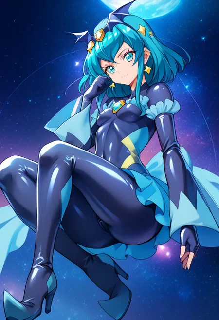 score_9,score_8_up,score_7_up, score_6_up, uncensored, source_anime, 5_fingers, 1girl, solo, black badend-bodysuit, badend-tiara, blue frills, blue skirt, blue gem, latex bodysuit, zPDXL2, good_hands, full body, small breasts, by hiroyama_hirosh,  csr style, curemilky